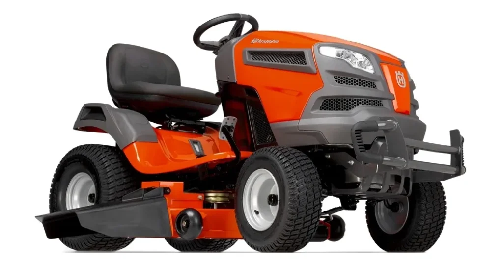 Orange and gray Husqvarna lawn mower on a white background