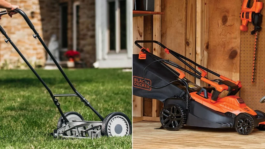 Two lawn mowers in a shed