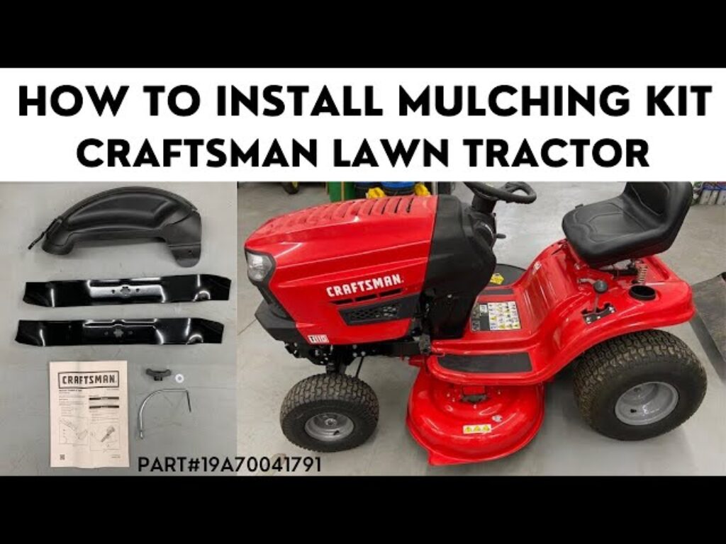 Instructional guide on installing a mulching kit on a Craftsman lawn tractor, specifically models T100, T110, and T130. [Craftsman lawn tractor models T100, T110, T130]