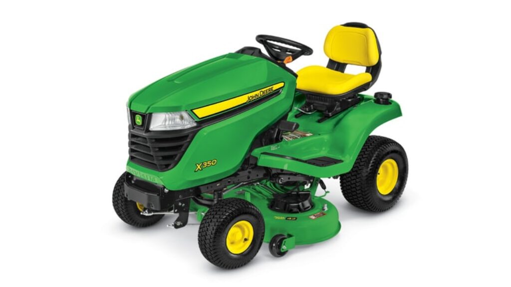 Green and yellow John Deere X350 lawn mower with a yellow seat on a white background. 